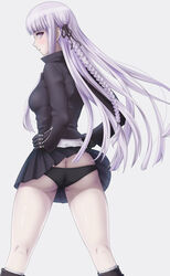 ass ass_cleavage black_panties blush boots butt_crack clothed danganronpa female female_only gloves human kirigiri_kyouko long_hair looking_at_viewer looking_back nanikairu open_mouth panties pasya-pasya purple_eyes purple_hair purple_skirt purple_vest simple_background skirt skirt_lift straight_hair vest white_background