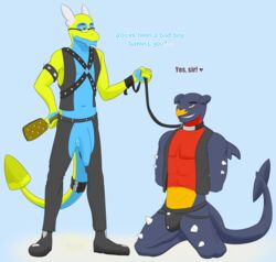 2019 2boys alternate_color anthro anthrofied bald belt blue_eyes blue_skin blush bondage boots chaps clothing collar dialogue drill dunsparce duo eyewear fin fist flaccid footwear foreskin garchomp gay glasses grin hand_on_hip hands_behind_back harness heart holding_leash holding_object humanoid_penis interspecies invalid_tag jockstrap kneeling leash leather lidded_eyes long_penis looking_at_another looking_down looking_up lube male male/male male_only master mostly_nude muscular muscular_male nintendo orange_eyes orange_skin original_character paddle pants penis pheanir pokémon_(species) pokemon pokemon_(species) pokemon_dppt pokemon_gsc pokemorph red_skin scalie simple_background slave smile spikes standing submissive_male teeth testicles text uncut underwear vest video_games wings yaoi yellow_skin