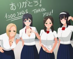 3d 4girls breasts cleavage clothed female female_focus female_only koikatsu koikatsu_(medium) large_breasts milestone_celebration multiple_girls netorare original original_character queen_of_spades school school_uniform shirt skirt tattoo teruyo