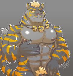 2019 abs anthro biceps black_fur eye_patch eyewear felid fur half-length_portrait jewelry looking_at_viewer male male_only mammal muscular muscular_male necklace nipples nude pantherine pecs penis penis_base portrait pubes scar simple_background smile solo stripes thick_penis tiger v2wolf yellow_eyes yellow_stripes