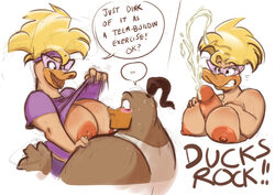 anthro avian big_breasts big_penis bird blonde_hair breasts check_hardwing clothed clothing clothing_lift cum dialogue disney duck ejaculation english_text eyewear female glasses hair humanoid_penis instant_loss_2koma joelasko male mighty_ducks nipples outercourse paizuri penis sex shirt shirt_lift sketch speech_bubble straight sweat tanya_vanderflock text