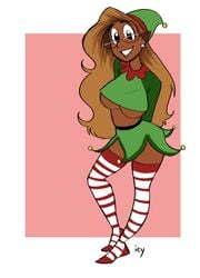 black_skin breasts christmas elf elf_costume elf_hat fake_ears female glasses iseenudepeople long_hair looking_at_viewer petunia_(iseenudepeople) skirt smile socks thighs underboob