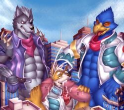 3boys abs anthro avian balls beak bird black_nose blue_body blue_feathers brown_fur canid canine canis clothed clothing cum cum_in_mouth cum_inside cum_on_chest cum_on_face erection eye_patch eyewear falco_lombardi feathers fellatio fox fox_mccloud fur gay green_eyes grey_fur grin group group_sex handjob humanoid_penis interspecies licking macro male male_only mammal muscular muscular_male nintendo oral pecs penis penis_lick sex smile soliscanis standing star_fox tan_fur thick_penis threesome tongue tongue_out video_games white_balls wolf wolf_o'donnell yaoi