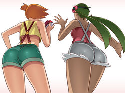 2girls armpits ass back bare_shoulders big_ass breasts chocolate_and_vanilla clothed clothed_female dark-skinned_female dark_skin female_only flower from_behind fully_clothed green_hair hairband hand_on_hips huge_ass human human_only kasumi_(pokemon) looking_away mallow_(pokemon) multiple_girls nintendo orange_hair poke_ball pokemon pokemon_rgby pokemon_sm shirt short_hair shorts side_ponytail standing suspenders tank_top thick_thighs twintails wanao white_background wide_hips