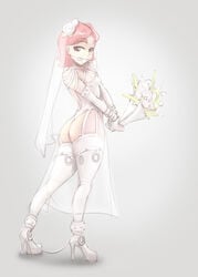 ankle_cuffs ball_gag blackingyourwaifu blue_eyes bondage bound bound_ankles bound_arms bound_wrists bouquet bride female gag gagged handcuffs high_heels lingerie pink_hair red_hair solo stockings wedding_dress wedding_veil white_heels white_legwear white_lingerie white_stockings