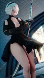 1girls 3d ass big_thighs breasts female lingerie nier nier:_automata nier_(series) panties pinup simple_background solo solo_female thick_thighs thighs voluptuous wynndam1 yorha_2b
