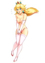 1girls blonde_hair blue_eyes breasts crown earrings elbow_gloves embarrassed female female_only flying_sweatdrops full_body gloves haruhisky heels high_heels knees_together_feet_apart long_hair mario_(series) nintendo nipples open_mouth panties pink_panties princess_peach simple_background smile solo standing stockings sweat sweatdrop tagme thighhighs topless underwear white_background white_gloves