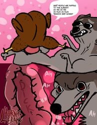 abstract_background addison_(frisky_ferals) angry animal_genitalia animal_penis avian bird blitzdrachin canid canine canine_penis canis comic devon_(frisky_ferals) dialogue english_text erection internal knot mammal muscular penis sex text what wolf