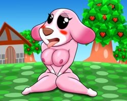 animal_crossing anthro blush breasts canid canine canis cookie_(animal_crossing) domestic_dog embarrassed female mammal marcodile nintendo outside public_nudity video_games