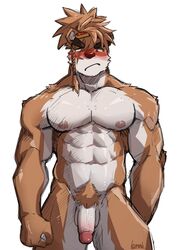 2019 abs anthro blush braided_hair cartuja clenched_fists embarrassed epic7 facial_scar furry furry_only hair hi_res humanoid_penis kumak71395 looking_at_viewer male male_only muscular nipples nude pecs penis pubes red_eyes scar simple_background solo standing suin white_background