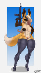 anthro athletic breasts canid canine clothing female footwear fox gun high_heels legwear lipstick looking_at_viewer makeup mammal nipples pussy ranged_weapon rumpaf_(artist) shoes solo standing thick_thighs thigh_highs weapon