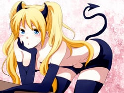 1girls bent_over bent_over_table blonde_hair blue_eyes blush breasts canon_genderswap cleavage devil_horns devil_tail female female_only gender_transformation genderswap genderswap_(mtf) gloves horns lingerie long_gloves looking_at_viewer naruko naruto naruto_shippuden rule_63 short_shorts shorts solo solo_focus tail twintails uzumaki_naruto whisker_markings yellow_hair