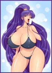 1girls 5_fingers akiranime big_breasts bikini black_bikini breasts cleavage clothes eiken erect_nipples eyebrows eyebrows_visible_through_hair eyelashes female female_only hair huge_breasts hyper hyper_breasts kirika_misono licking long_hair nipple_bulge nipples_visible_through_clothing open_mouth open_smile ponytail popsicle purple_eyes purple_hair shiny_skin smile solo source_request suggestive tagme thick thick_thighs tongue tongue_out very_long_hair wide_hips