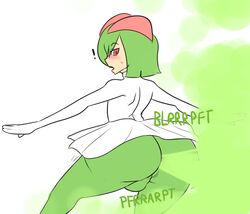 ! backsack big_ass cosplay costume dress fart fart_cloud femboy frilly_dress game_freak girly green_hair kirlia kirlia_(cosplay) looking_back male male_only nintendo octoboy onomatopoeia pokemon pokemon_(cosplay) pokemon_(species) pokemon_rse red_eyes white_background