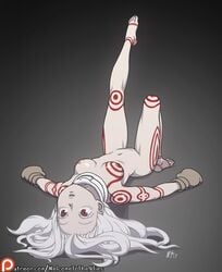 1girls 2017 albino breasts deadman_wonderland feet female gloves legs_up nipples noisetanker nude on_back pale-skinned_female pale_skin red_eyes shiro_(deadman_wonderland) text toes url watermark white_hair white_skin wide_hips