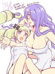 2girls bare_shoulders blonde_hair bow breasts camilla_(fire_emblem) camilla_(hot_springs)_(fire_emblem) cleavage elise_(fire_emblem) female fire_emblem fire_emblem_fates fire_emblem_heroes hair_ornament hair_over_one_eye hairbow hand_on_hip hand_on_own_face hiwa_kurige large_breasts lips long_hair looking_at_viewer lying multiple_girls naked_towel on_back open_mouth parted_lips protected_link purple_eyes purple_hair reaching siblings sisters sitting small_breasts smile tied_hair towel twintails