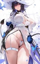 1girls absurdres asymmetrical_gloves belly belly_button belt big_breasts black_flower black_gloves black_hair blue_fire blue_hair blush breasts claws cleavage collar constance_(honkai:_star_rail) covered_navel covered_nipples demon_girl demon_horns demon_tail dress fantongjun female female_only fire flower garter_straps gloves hairy_pussy hat highres hips hips_wider_than_shoulders honkai:_star_rail honkai_(series) horns huge_breasts inner_sideboob leg_strap lingerie long_hair looking_at_viewer massive_breasts mole mole_under_eye mommy mommy_kink multicolored_hair navel_visible_through_clothes necklace open_dress panties partally_visible_vulva pleasure_face pubic_hair purple_eyes ribbon sharp_nails solo striped_panties succubus tail tall_female the_dahlia_(honkai:_star_rail) thick_thighs thigh_strap thighs two-tone_hair underwear video_game_character white_dress white_gloves white_hat white_panties white_ribbon