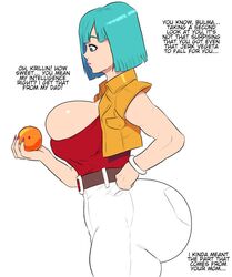 1girl 1girls 2d adult adult_female alternate_version_available belt blue_eyes blue_eyes_female bracelet brown_belt bulma_briefs cameltoe cleavage curvy dragon_ball dragon_ball_(object) fat_ass female female_focus firm_ass firm_breasts holding_object huge_ass huge_breasts human jay-marvel light_makeup mature_female milf orange_jacket pink_lips plump_ass red_shirt short_hair short_hair_female text thick_thighs turquoise_hair voluptuous voluptuous_female white_background white_pants wide_hips