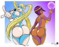 2girls ass back_view bangs big_ass blue_eyes blunt_bangs bob_cut bodysuit breasts bubble_butt capcom clothed dark-skinned_female dark_skin dat_ass duo egyptian eyelashes female female_only gesture headband highres huge_ass human large_breasts lipstick long_hair long_twintails magic mask medium_breasts menat microphone multiple_girls noriyuki83 open_smile orb pink_lipstick pointing purple_hair rainbow_mika rainbow_mika_(cosplay) shiny_skin short_hair sideboob signature singing smile street_fighter street_fighter_v twintails very_long_hair watermark