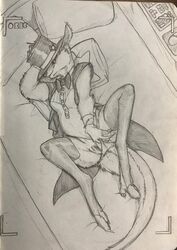 2019 anthro bed bow_tie camera clothing female hat looking_at_viewer lying macropod magician mammal marsupial on_back pussy recording sildre sketch solo spread_legs spreading undressing