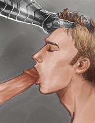 2boys adams_apple avengers blonde_hair blowjob bucky_barnes captain_america cock_gobble cock_hungry cum_hungry eyes_closed fellatio gay giving_head glans_in_mouth going_down_on grey_background hair_grab hand_on_head human human_only male male_only marvel marvel_comics metal_arm mostly_offscreen_character oral oral_sex out_of_frame penis_in_mouth steve_rogers sucking_off tagme yaoi