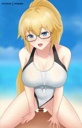 big_breasts blonde_hair blue_eyes breasts censored cleavage clothed_female_nude_male cowgirl_position erection fate/grand_order fate_(series) female glasses jeanne_d'arc_(fate) jeanne_d'arc_(swimsuit_archer) large_breasts male penetration penis pussy sex straight swimsuit swimsuit_aside vaginal_penetration vanquice