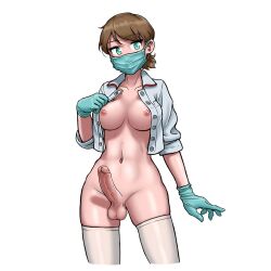 ai_generated breasts brown_hair cropped_shirt diamond_7_(ai_generator) erection expressionless functionally_nude functionally_nude_futa futa_only futanari gloves large_penis legwear looking_at_viewer mask medical_gloves medical_mask nipples nurse open_clothes penis simple_background solo solo_futa standing stockings testicles thighhighs white_background white_legwear white_stockings white_thighhighs