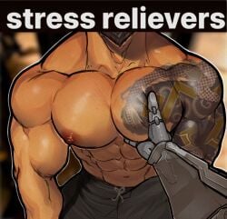 bara big_pecs cole_cassidy gay grabbing_pecs hanzo hanzo_shimada male male_only meme muscular muscular_male overwatch stress_relievers_(meme) tattoo waympo