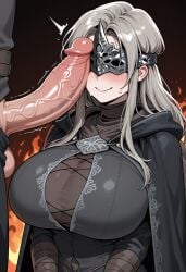 ai_generated big_breasts big_penis dark_souls fire_keeper fromsoftware fully_clothed huge_breasts huge_cock imminent_sex nervous penis_on_face questionable_consent throbbing_penis upper_body wobot