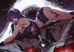 1girls absurdres acheron_(honkai:_star_rail) almost_naked arm_support armwear ass ass_up background bare_shoulders beautiful belly belly_button big_ass big_breasts black_armwear black_hole black_water boots bored bored_expression bra breasts cleavage detailed_background emotionless female female_only flower glove hair_ornament highres hips hips_wider_than_shoulders honkai:_star_rail honkai_(series) huge_breasts laying_on_stomach leg_tattoo long_hair looking_at_viewer lying_on_stomach makeup navel on_stomach partially_clothed purple_eyes purple_hair purple_underwear red_flower reflection rororo serious sharp_eyes shorts solo tattoo thick_thighs thighs underwear video_game_character water