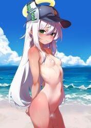 absurdres arms_behind_back baseball_cap beach blue_sky blush breasts censored chinese_commentary cleft_of_venus closed_mouth cloud commentary_request completely_nude convenient_censoring cowboy_shot day double-parted_bangs fake_halo female from_side green_eyes grey_hair hair_between_eyes halo hat highres hinanawi_mika hug long_hair looking_at_viewer looking_to_the_side nude ocean original outdoors petite pointless_censoring pussy raised_inner_eyebrows simple_bird sky small_breasts solo steam steam_censor straight_hair sweat tan tanlines turning_head variant_set very_long_hair