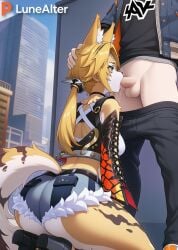 1boy 1girls ai_generated ass_focus big_ass big_balls big_breasts big_butt big_penis big_thighs blonde_female blonde_hair blowjob cat_ears cat_girl cat_tail catgirl daytime exposed_penis female female_focus hard_cock holding_head hoyoverse long_hair low-angle_view lunealter male male/female mature_female mature_male mihoyo on_knees pale-skinned_male pale_skin pants_down pulchra_(zenless_zone_zero) pulchra_fellini sucking_penis thick_ass thick_butt thick_legs thick_penis thick_thighs wise_(zenless_zone_zero) zenless_zone_zero
