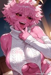 ai_generated ashido_mina balecxi bare_shoulders black_sclera blush breasts colored_skin detached_sleeves female horns looking_at_viewer meme_attire mina_ashido my_hero_academia navel open_mouth pink_hair pink_skin saliva short_hair solo sweat sweater tongue tongue_out underwear v virgin_destroyer_sweater white_panties yellow_eyes