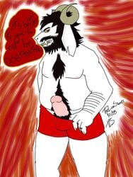 2018 alternate_universe angry artist_name asgore_(underfell) asgore_au asgore_dreemurr bara black_hair body_hair boss_monster bovid boxers_(clothing) broken_horn caprine chest_hair clothing dialogue english_text fangs fur goat hair happy_trail horns male male_only mammal moobs mostly_nude penis presenting presenting_penis pubes red_eyes slightly_chubby text thelionsinner underfell undertale undertale_au undertale_fanfiction underwear video_games white_fur yellow_sclera