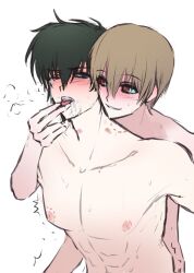 2boys bite_mark bite_marks black_hair blush brown_hair completely_nude drooling finger_in_another's_mouth from_behind gay gintama hickey hickey_marks hijikata_toshiro implied_anal implied_sex looking_at_another looking_back male male_only nipples no_visible_genitalia nude okita_sougo pretty_boy red_eyes skinny smile sweat tears tongue_out yaoi
