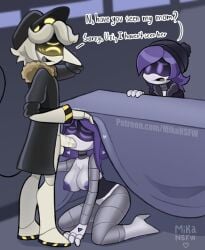 1boy 2girls artist_name artist_signature blowjob blowjob_under_table blush blushing_male breasts cheating cheating_boyfriend cheating_wife clothing cucked_by_mother cuckquean glitch_productions hat heart hiding hiding_under_table high_heels male/female mikansfw murder_drones n_(murder_drones) nipples nori_(murder_drones) nude nude_female robot robot_boy robot_girl robot_humanoid silver_hair sucking_penis uzi_(murder_drones) yellow_eyes