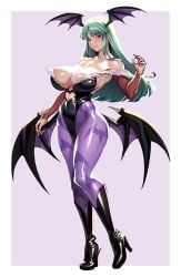 1girls animal_print armpits bare_shoulders bat_print bat_wings big_breasts black_high_heel_boots black_high_heels black_leotard blunt_bangs breasts bridal_gauntlets cleavage curves curvy curvy_female curvy_figure darkstalkers demon female female_focus female_only fit fit_female front_view fully_clothed green_hair headwings heart_cutout heart_symbol heels hi_res high_heel_boots high_quality high_resolution highleg highleg_leotard highres large_breasts leggings light-skinned_female light_skin long_hair morrigan_aensland mouth_closed pale-skinned_female pale_skin pantyhose purple_legwear purple_pantyhose purple_wings scottish scottish_female scottish_woman simple_background skintight slim_waist solo solo_female solo_focus standing strapless strapless_leotard succubus succubus_wings thick_ass thick_thighs tight_clothing tight_fit vampire_(game) vampire_savior volyz white_skin white_skinned_female wide_hips wide_thighs wings wings_on_head