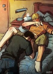 2boys bed billy_kaplan black_hair blonde_hair blowjob blush boyfriend canon_couple clothed crisart gay horny hulkling indoors male male/male male_focus male_only marvel on_bed tagme teddy_altman wiccan yaoi young_avengers