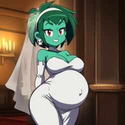 ai_generated bride bride_veil female green_hair green_skin lazybonesai looking_at_viewer pregnant pregnant_belly pregnant_female red_eyes rottytops shantae skull_earrings smiling_at_viewer undead wanting_sex wayforward wedding wedding_dress zombie zombie_girl