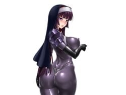 alpha_channel ass backboob blush bodysuit breasts busty elbow_gloves erect_nipples erect_nipples_under_clothes female for_sticker_use gloves habit hips kamori_sayaka large_breasts latex matai_toshi nipples nun png purple_eyes purple_hair rindou_(radical_dream) rindou_aya shiny shiny_clothes skin_tight slime solo sticker_template thick_thighs thighhighs thighs tight_clothing transparent_background transparent_png voluptuous wide_hips