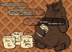 absurd_res aftermath bear brimstone_(jasafarid) dessert eating eating_feces eating_food feces feces_in_mouth food hi_res ice_cream implied_feces implied_feces_consumption implied_scat implied_scat_eating kuruk_(character) male mammal non-human non-human_only sitting snout solo thinking thinking_about_another thought_bubble varoch_(character) yonnixart