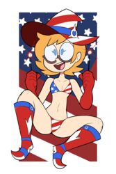 1girls 4th_of_july 4th_wall american_flag american_flag_bikini american_flag_hat american_flag_legwear bikini blonde_hair blue_eyes boots bra female female_only glasses gloves hat little_witch_academia looking_at_viewer lotte_yansson miscon panties short_hair smile solo squatting witch_hat