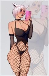 1girls alethea_lunaa_(bnvt) arm_sleeves big_breasts big_thighs black_arm_sleeves black_choker black_fingernails black_lingerie black_panties blush blush_lines bnvt breasts bruneian bruneian_vtuber cat_ears cat_girl catgirl choker cleavage dark-skinned_female female female_only fishnet_legwear fishnets holding_phone indie_virtual_youtuber indie_vtuber jakkel_draws long_fingernails necklace panties purple_eyes selfie selfie_pose short_hair tanned tanned_female tanned_skin thick_thighs thighs virtual_youtuber vtuber white_hair
