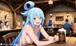 1girls ai_generated aqua_(konosuba) beer blue_eyes blue_hair breasts chair crowd encoder exhibitionism exposed_breasts female foam food holding_mug holding_object indoors kono_subarashii_sekai_ni_shukufuku_wo! lantern long_hair looking_at_viewer mug naked naked_female nipples nude nude_female public sitting sitting_on_chair smile smiling table tavern uncensored