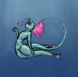 alexleviafan anthro blue_body bubble felid female genitals gills mammal nipples nude rain_world rivulet_(rain_world) simple_background slugcat solo tail videocult vulva