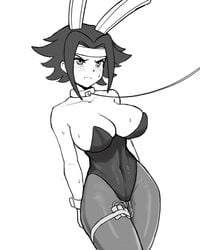 animal_ears bare_shoulders breasts bunny_ears bunny_girl bunnysuit cleavage code_geass collar commentary covered_navel fake_animal_ears female headband kallen_stadtfeld large_breasts leash leotard monochrome pantyhose short_hair solo strapless strapless_leotard vibrator wrist_cuffs