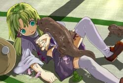 1girl animal animal_on_head axolotl bestiality blonde_hair commentary_request empty_eyes giant_salamander green_eyes highres indoors interspecies moriya_suwako on_head purple_shirt purple_skirt red_shoes sex shirt shoes sidelocks skirt solo thighhighs touhou unworn_headwear vanilla_(nekomist) wet white_thighhighs wide_sleeves zoophilia
