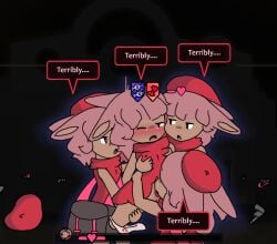 4girls bag blush blushing bottomless bunny_ears bunny_girl chasoosp clone clonecest cunnilingus english english_text female female_only game_mechanics game_ui gangbang grenadier_(rabbit_and_steel) gun holding_breast lesbian_gangbang licking_pussy mino_dev nipples_visible_through_clothing one_eye_closed open_mouth panties_around_one_leg partially_clothed partially_clothed_female pink_hair rabbit_and_steel rabbit_ears rabbit_girl red_clothing red_hat selfcest tan_body tan_skin text text_bubble yuri