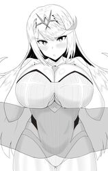 breast_press breasts female gatyo_5 hair_ornament large_breasts long_hair looking_at_viewer monochrome mythra nintendo penis simple_background solo tiara very_long_hair white_background xenoblade_(series) xenoblade_chronicles_2