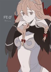 bow braid brown_eyes brown_hair cape faye_(fire_emblem) female fire_emblem fire_emblem_echoes:_shadows_of_valentia hair_ornament hairbow ijiro_suika long_hair simple_background solo tied_hair twin_braids twitter_username